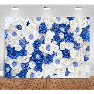 Blue & White Ivory Flower Background Floral Rose 5x3 feet Wedding Backdrop